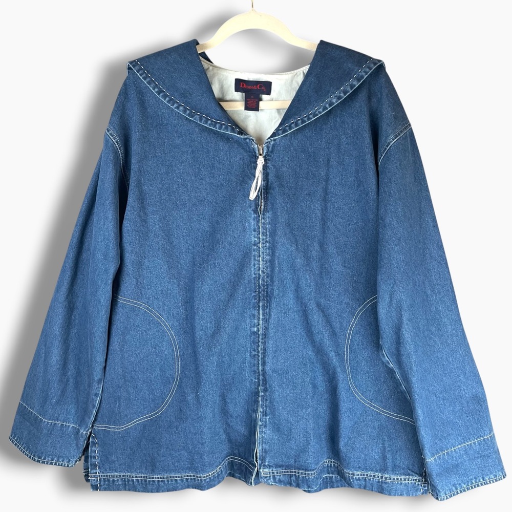 Denim & Co Womens 1X Blue Cotton Denim Sailor Collar Zip Up Jacket Topstitch